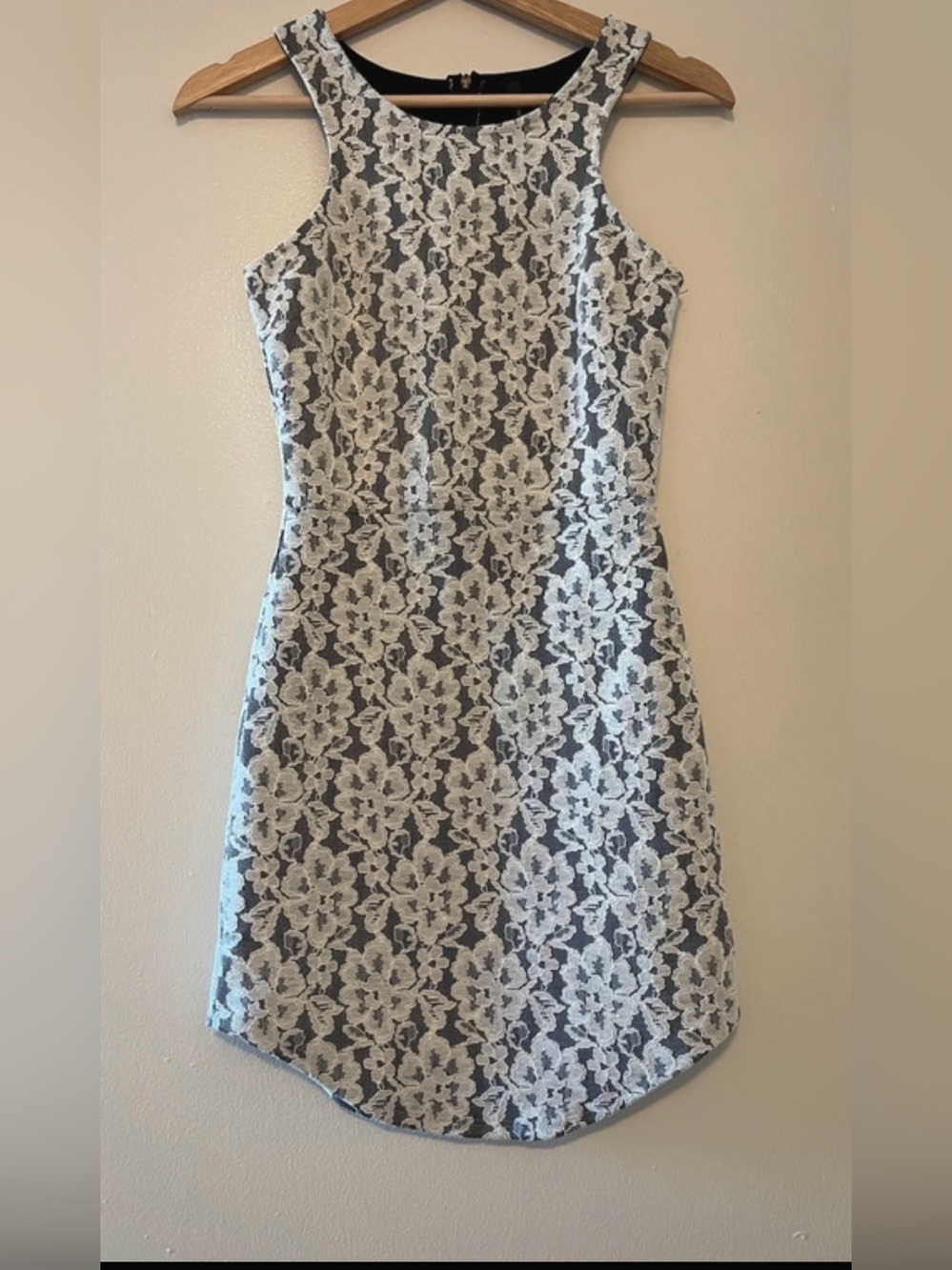 Sleeveless Gray Mini Dress with White Floral Lace